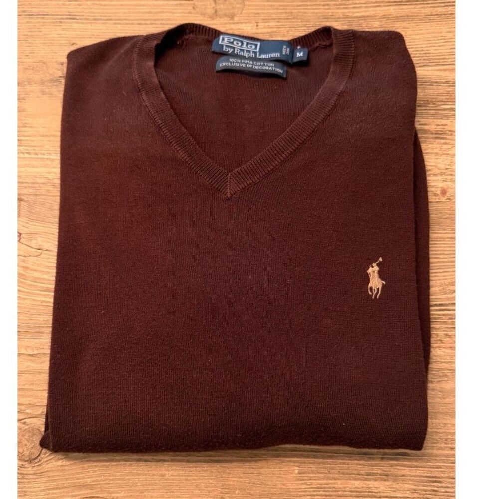 Polo Ralph Lauren V-Neck Sweater Mens M Brown 100% Pima Cotton Long Sleeve